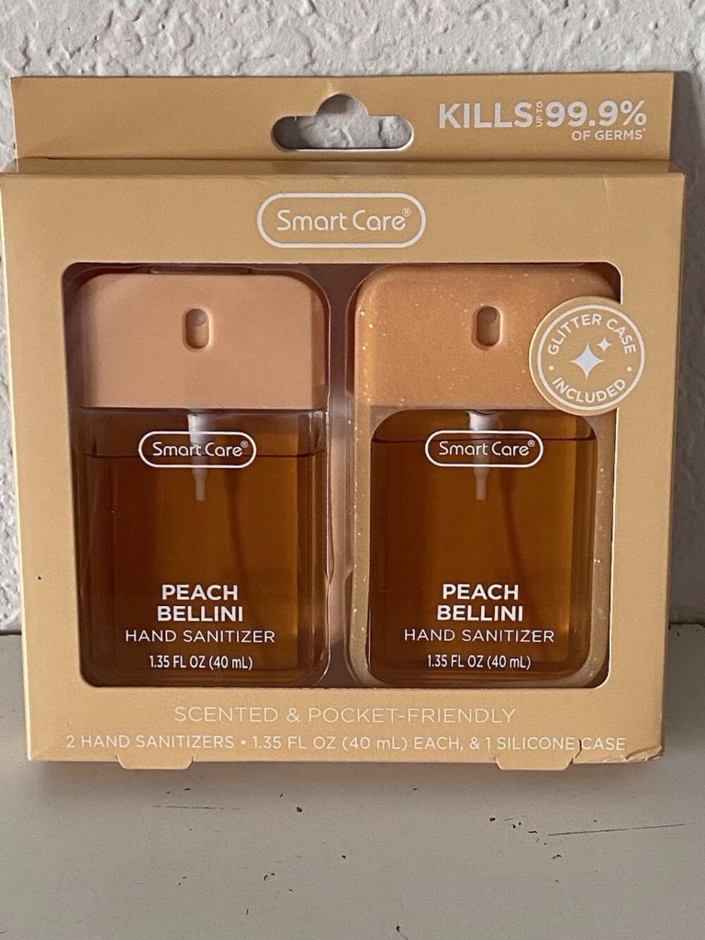2 Pk 1.35 Fl Oz Smart Care Scented Hand Sanitizer Spray Peach Bellini Glitter